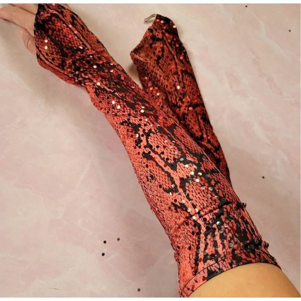 Sequin red slip on glove snake dance accessories costume fashion diva dress up r